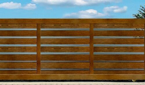 A large wood-effect aluminium gate.